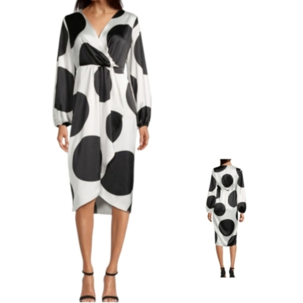 NEW Worthington White Jumbo Dot Black Wrap Dress Medium